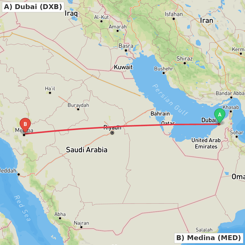 Flight route map from Dubai to Medina