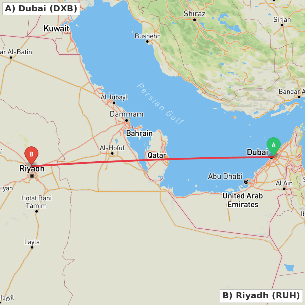 Flight route map from Dubai to Riyadh