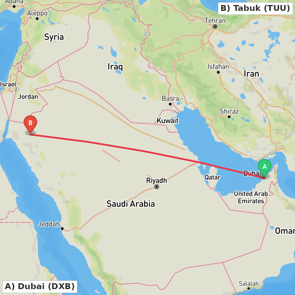 Flight route map from Dubai to Tabuk