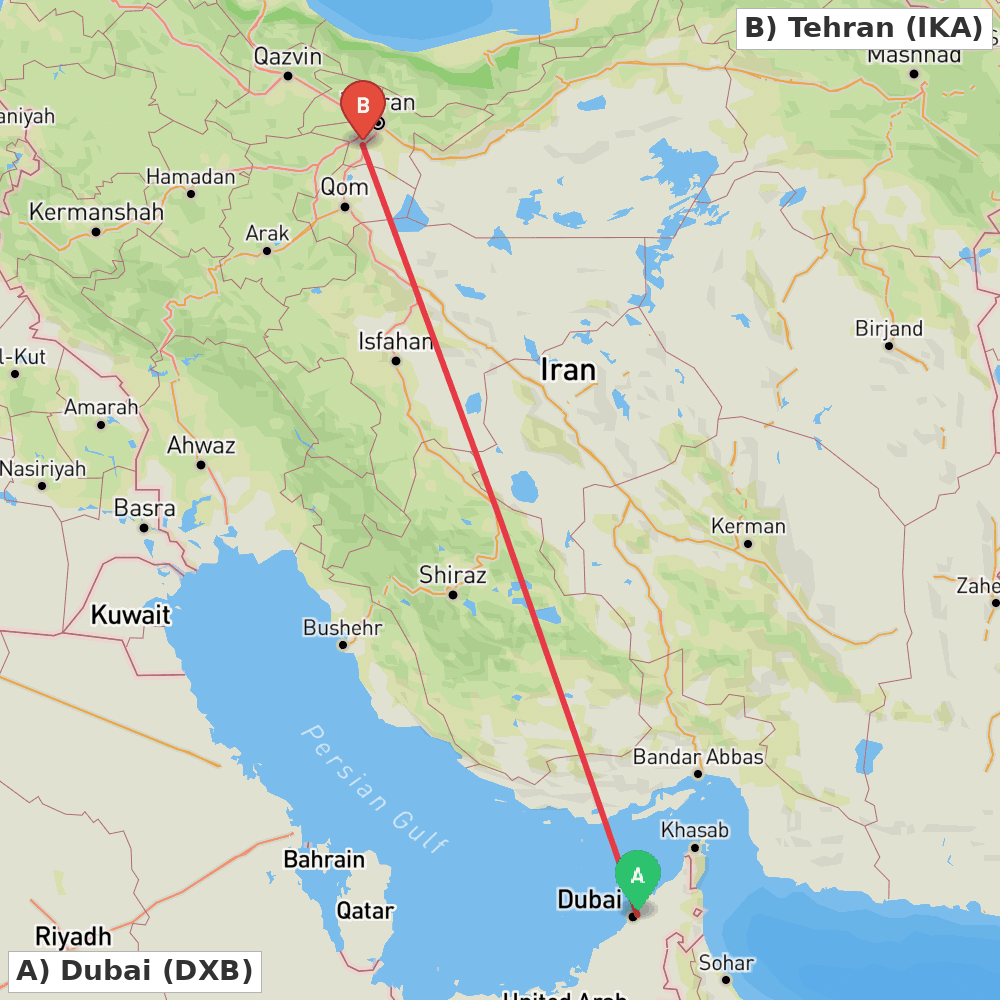 Flight route map from Dubai to Tehran