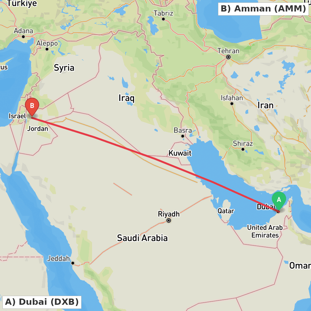 Flight route map from Dubai to Amman
