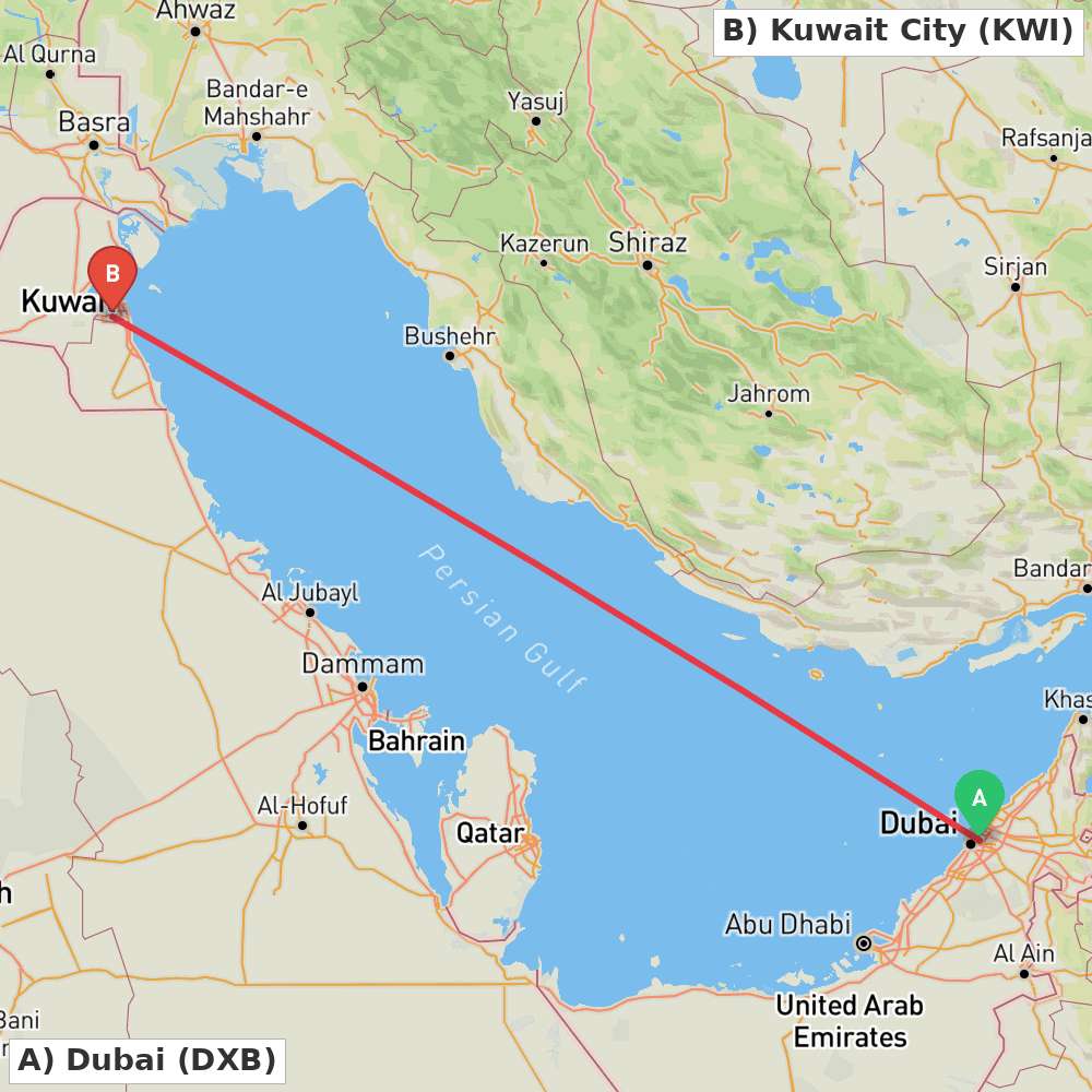 Flight route map from Dubai to Kuwait City