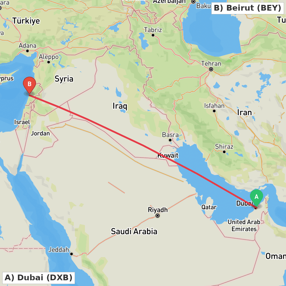 Flight route map from Dubai to Beirut