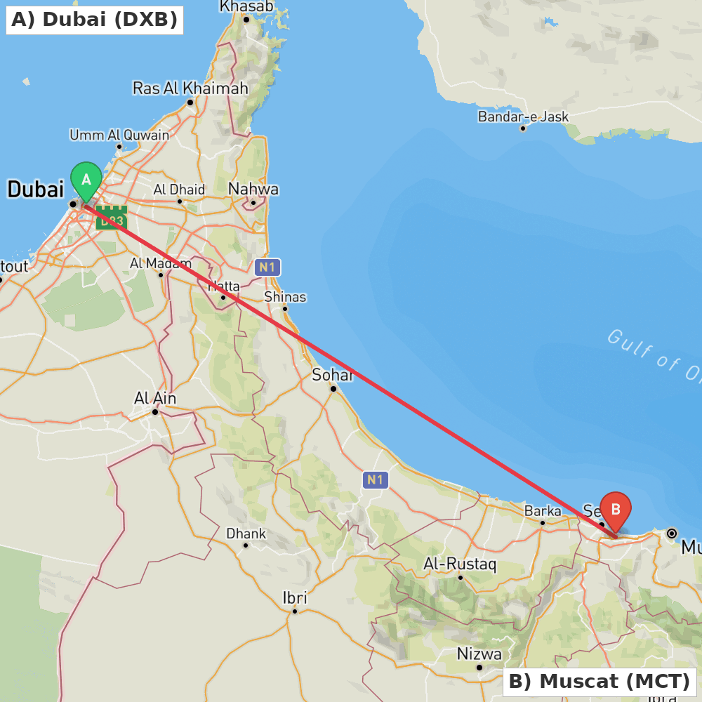 Flight route map from Dubai to Muscat