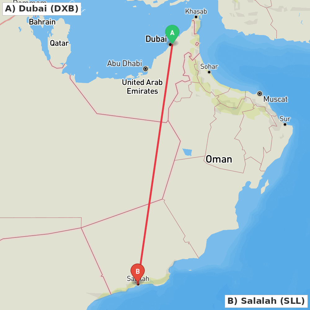 Flight route map from Dubai to Salalah