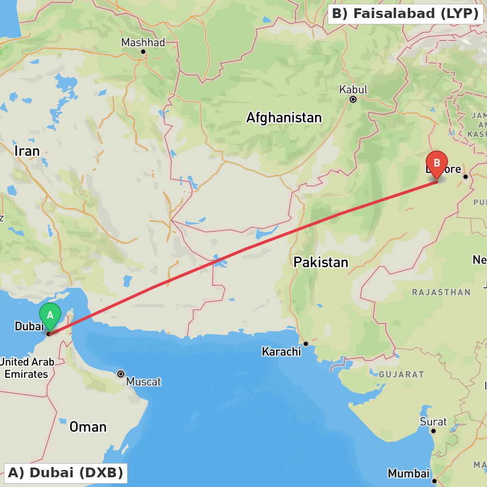 Flight route map from Dubai to Faisalabad