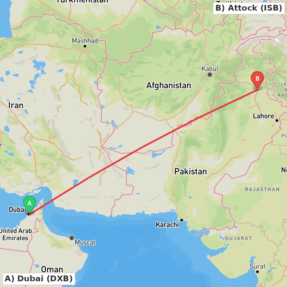 Flight route map from Dubai to Attock