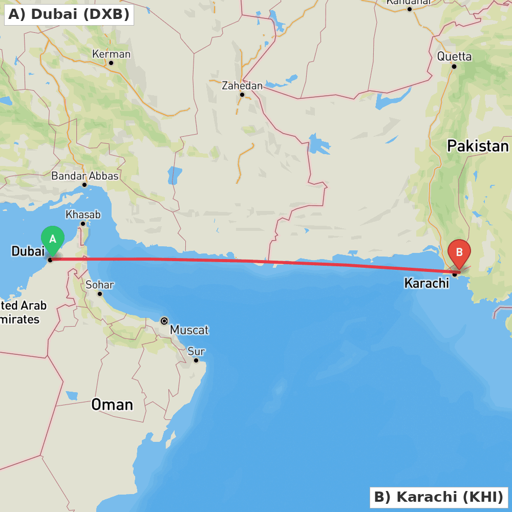 Flight route map from Dubai to Karachi