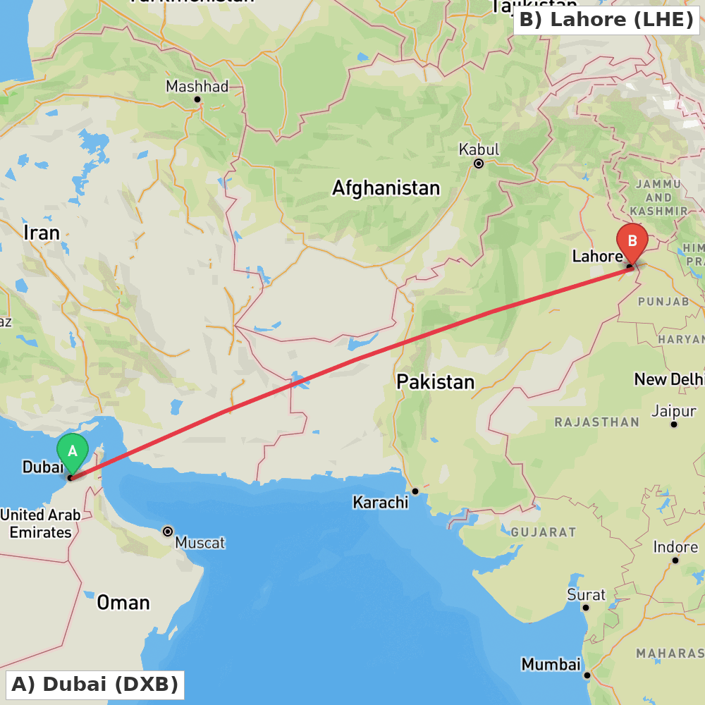 Flight route map from Dubai to Lahore