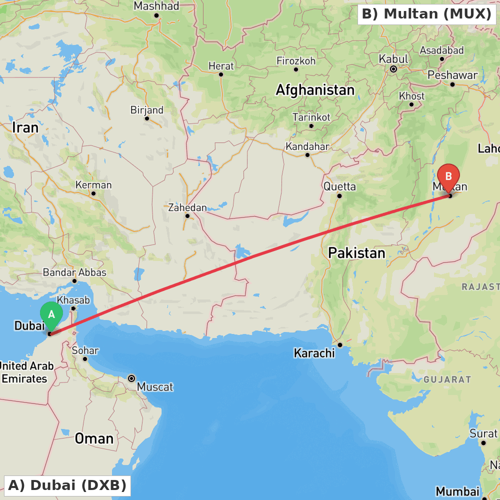 Flight route map from Dubai to Multan