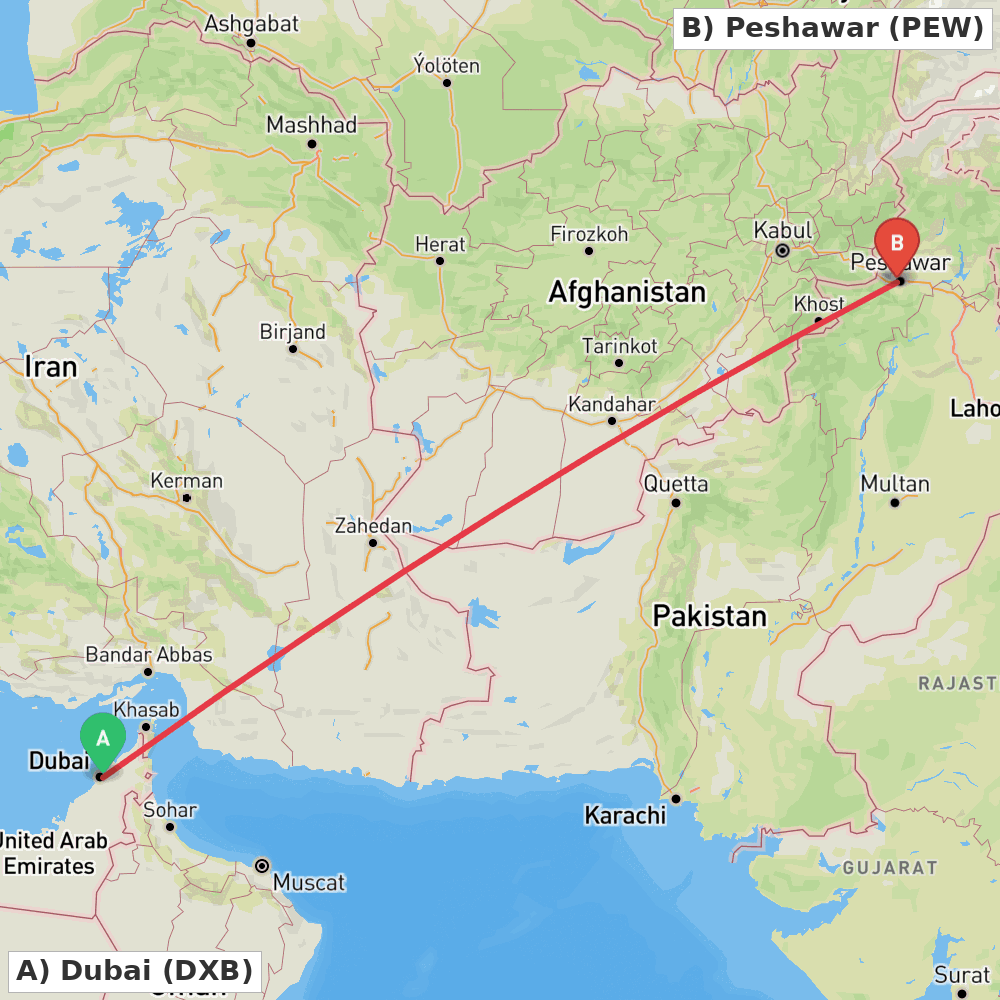 Flight route map from Dubai to Peshawar