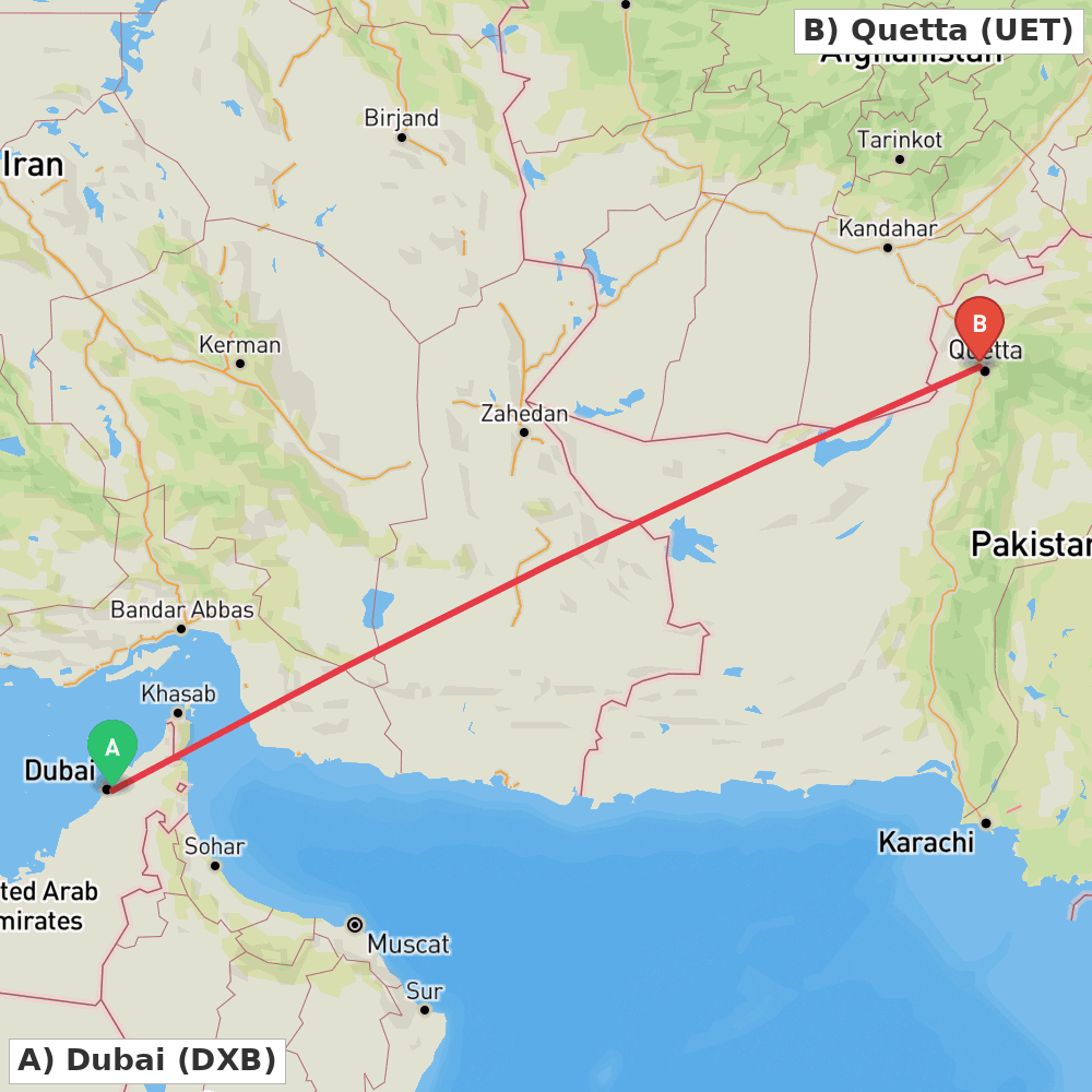 Flight route map from Dubai to Quetta