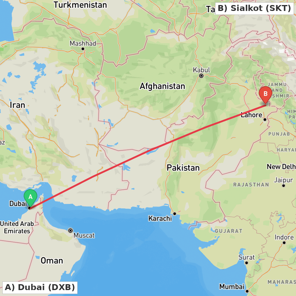 Flight route map from Dubai to Sialkot
