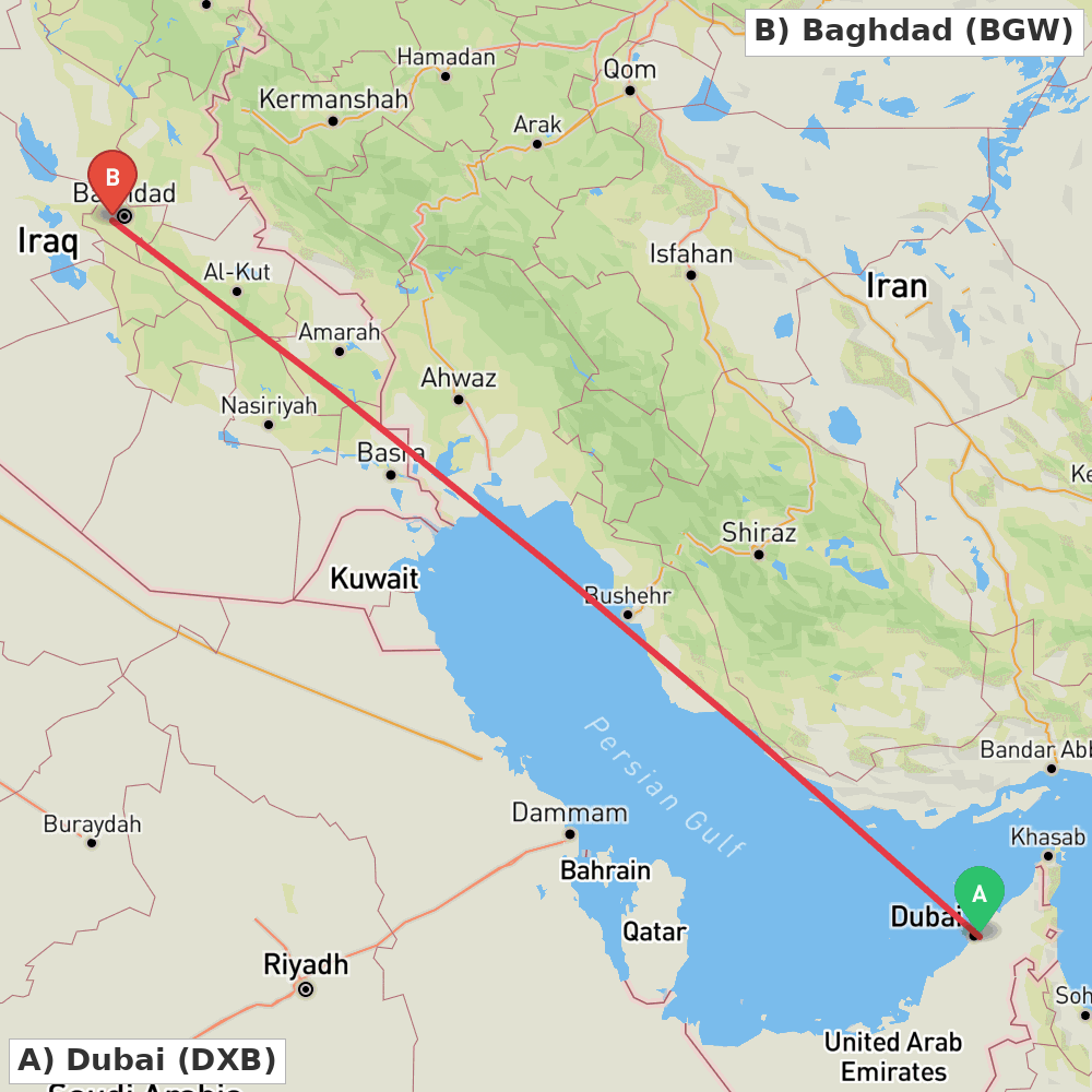 Flight route map from Dubai to Baghdad