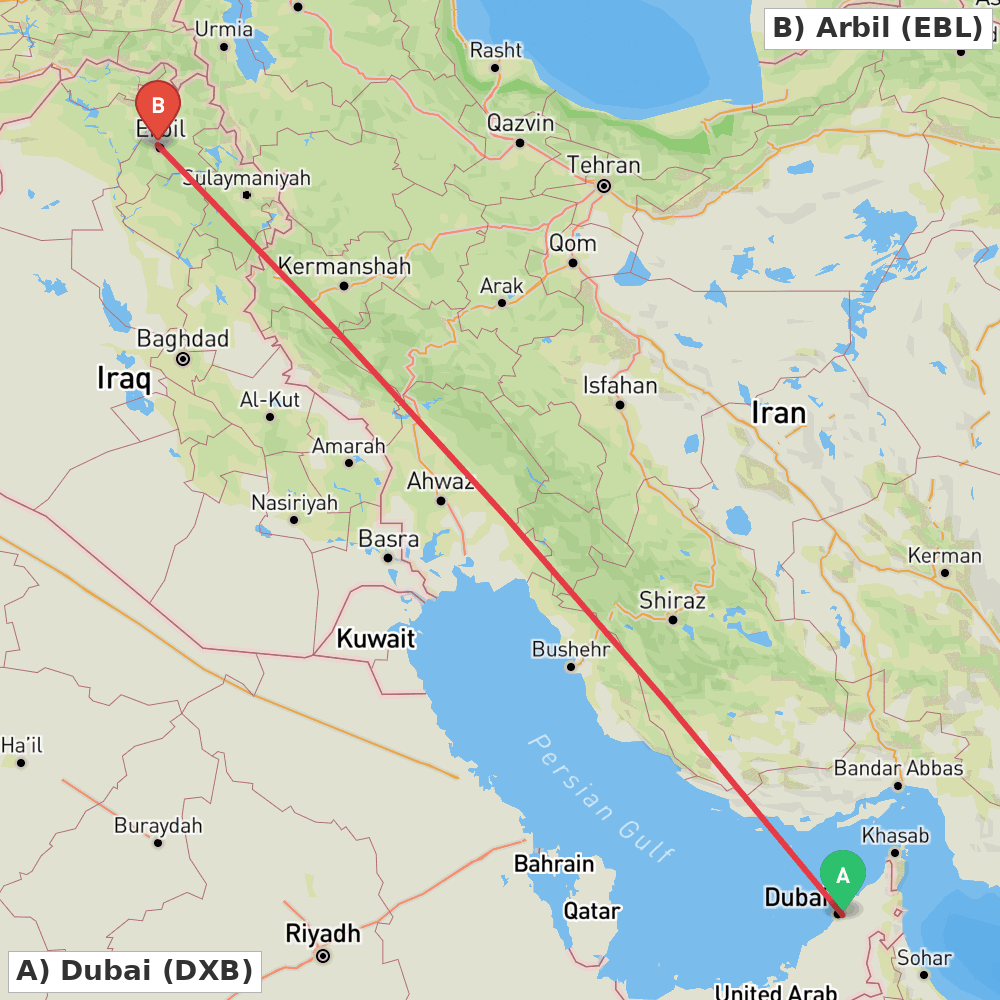 Flight route map from Dubai to Arbil