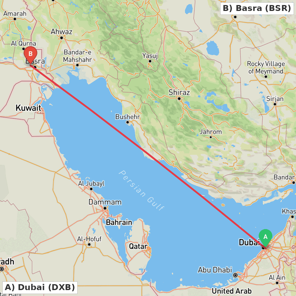 Flight route map from Dubai to Basra