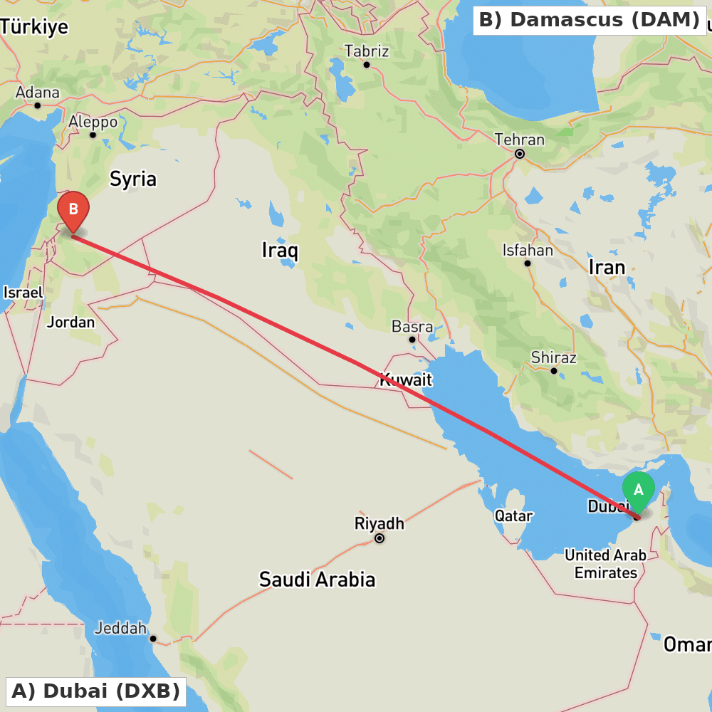 Flight route map from Dubai to Damascus