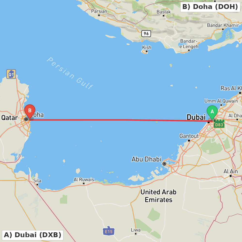 Flight route map from Dubai to Doha