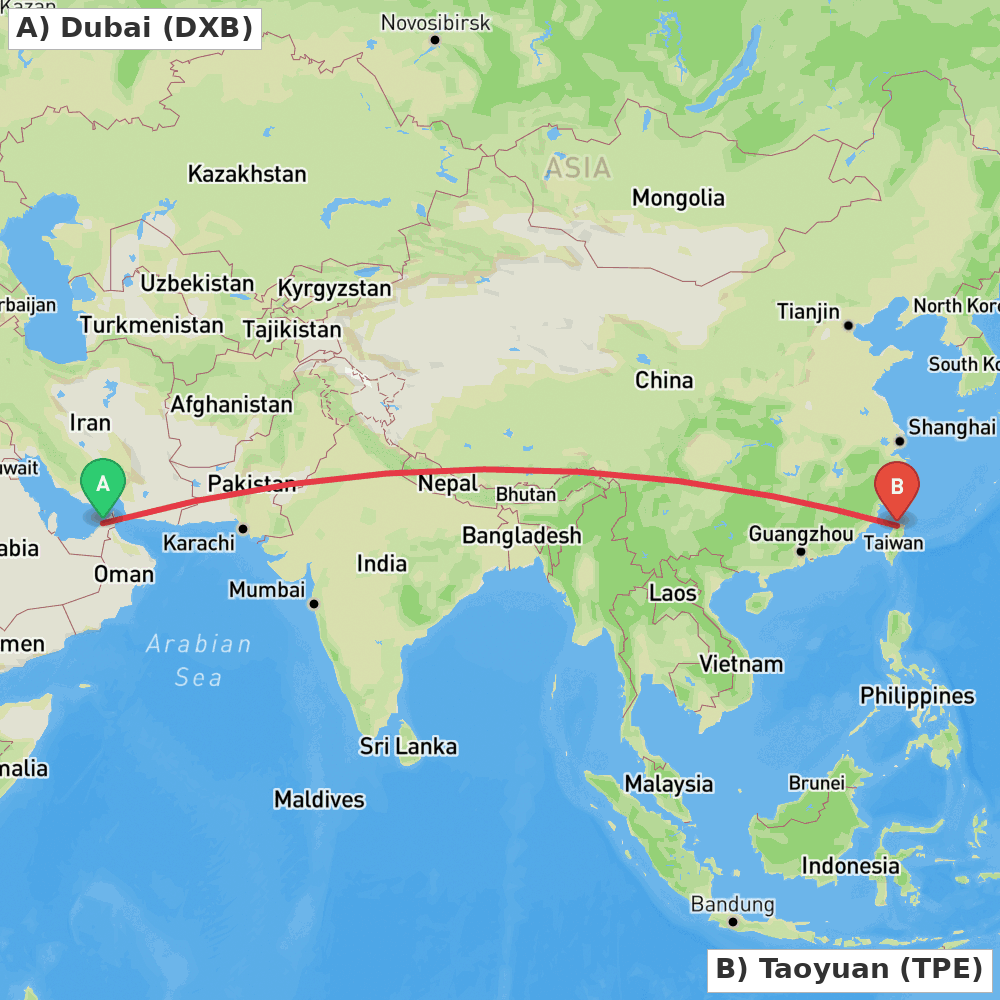 Flight route map from Dubai to Taoyuan