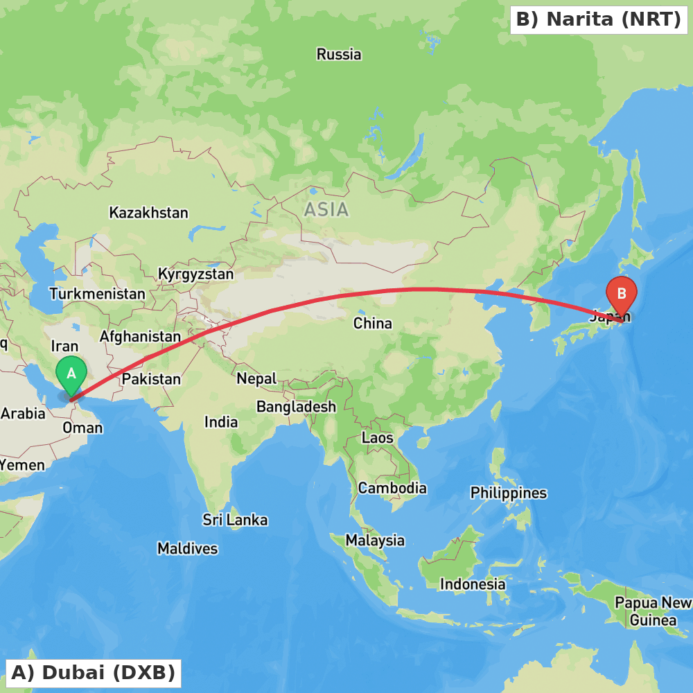 Flight route map from Dubai to Narita