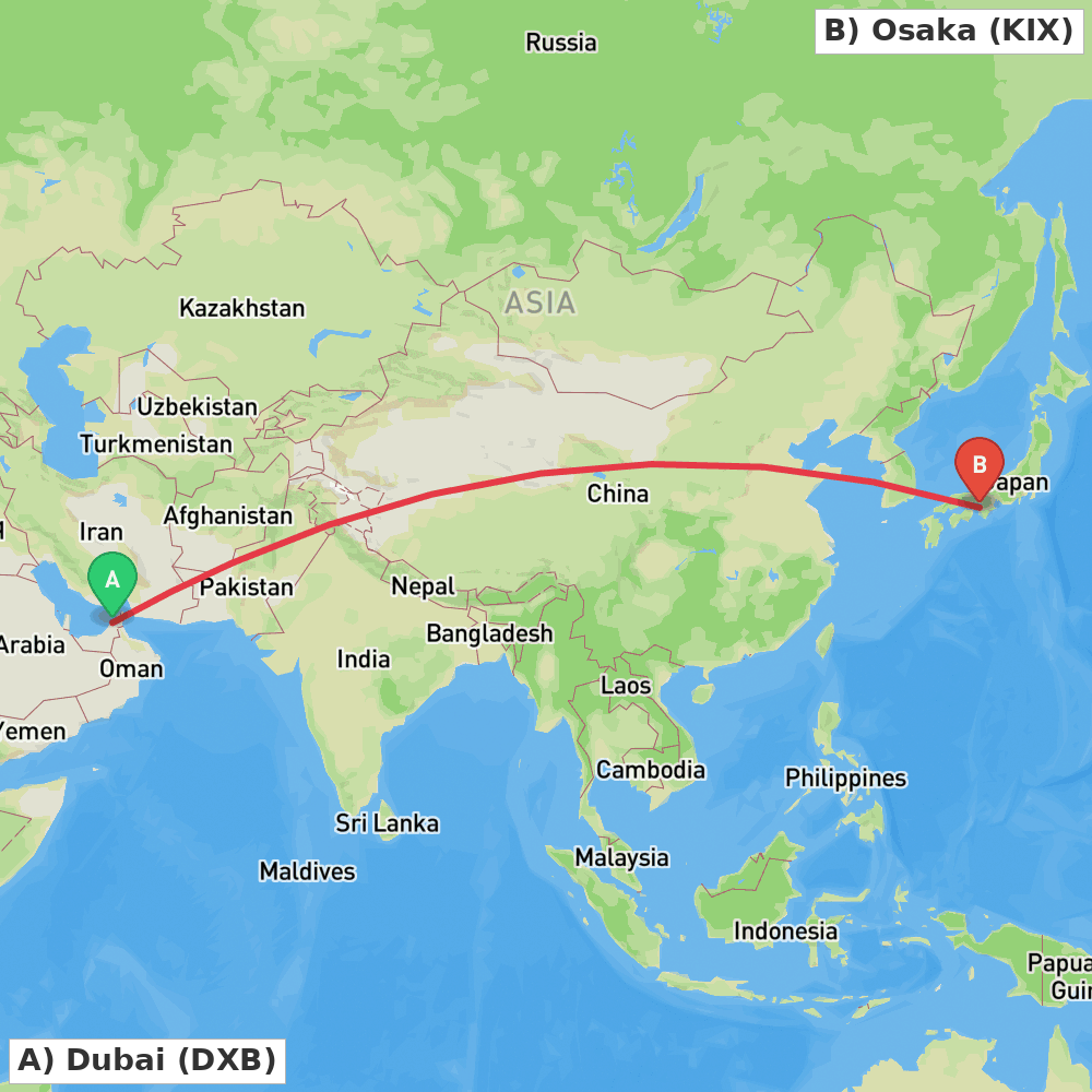 Flight route map from Dubai to Osaka