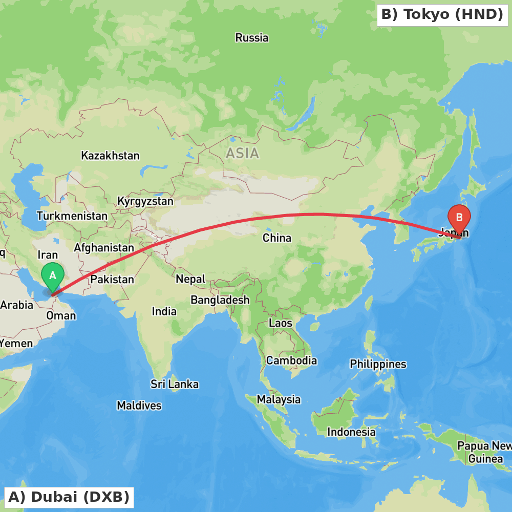 Flight route map from Dubai to Tokyo