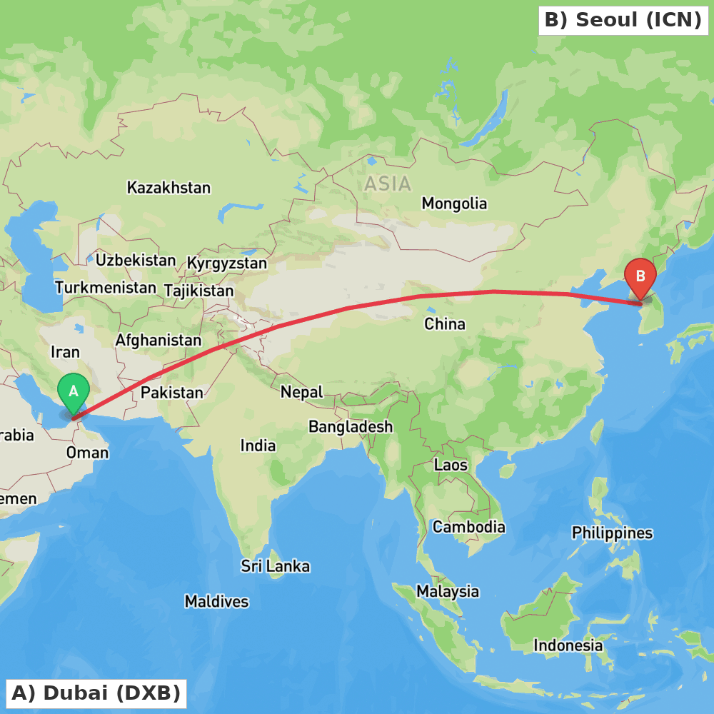 Flight route map from Dubai to Seoul