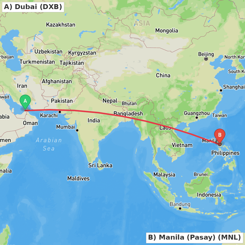 Flight route map from Dubai to Manila (Pasay)