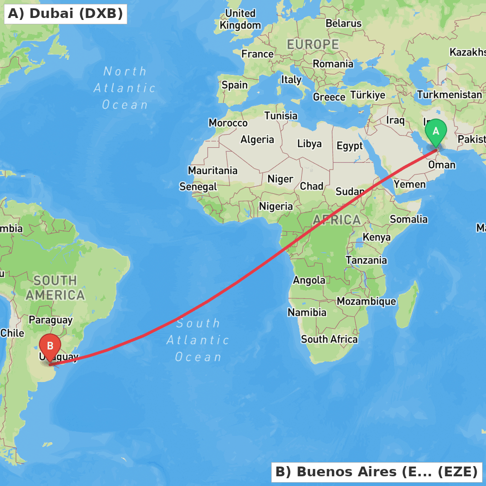 Flight route map from Dubai to Buenos Aires (Ezeiza)