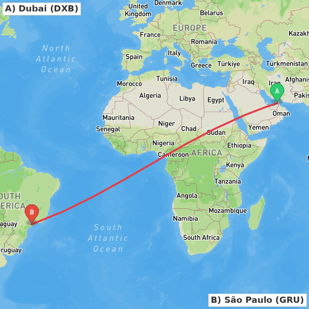 Flight route map from Dubai to São Paulo