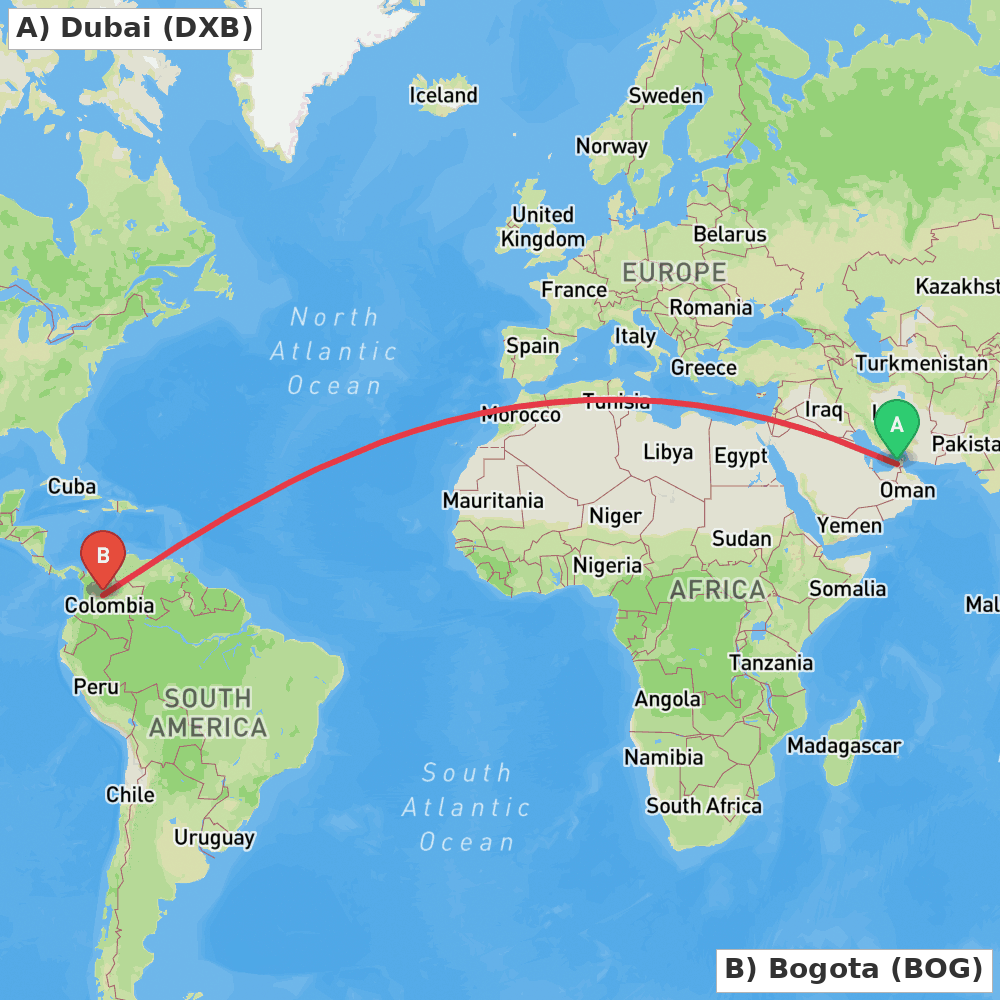 Flight route map from Dubai to Bogota