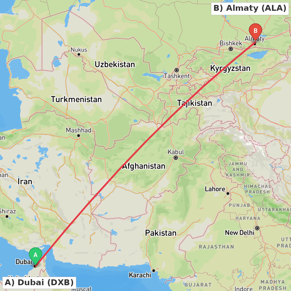 Flight route map from Dubai to Almaty