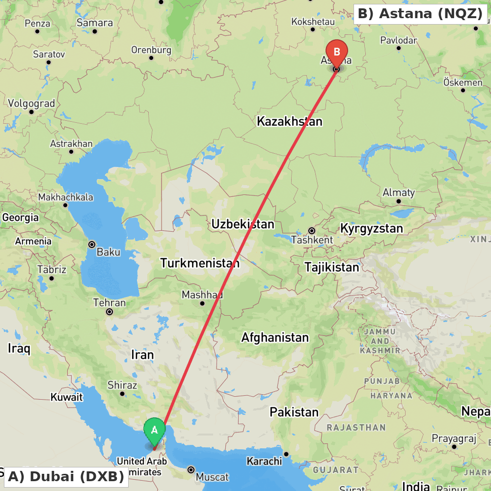 Flight route map from Dubai to Astana