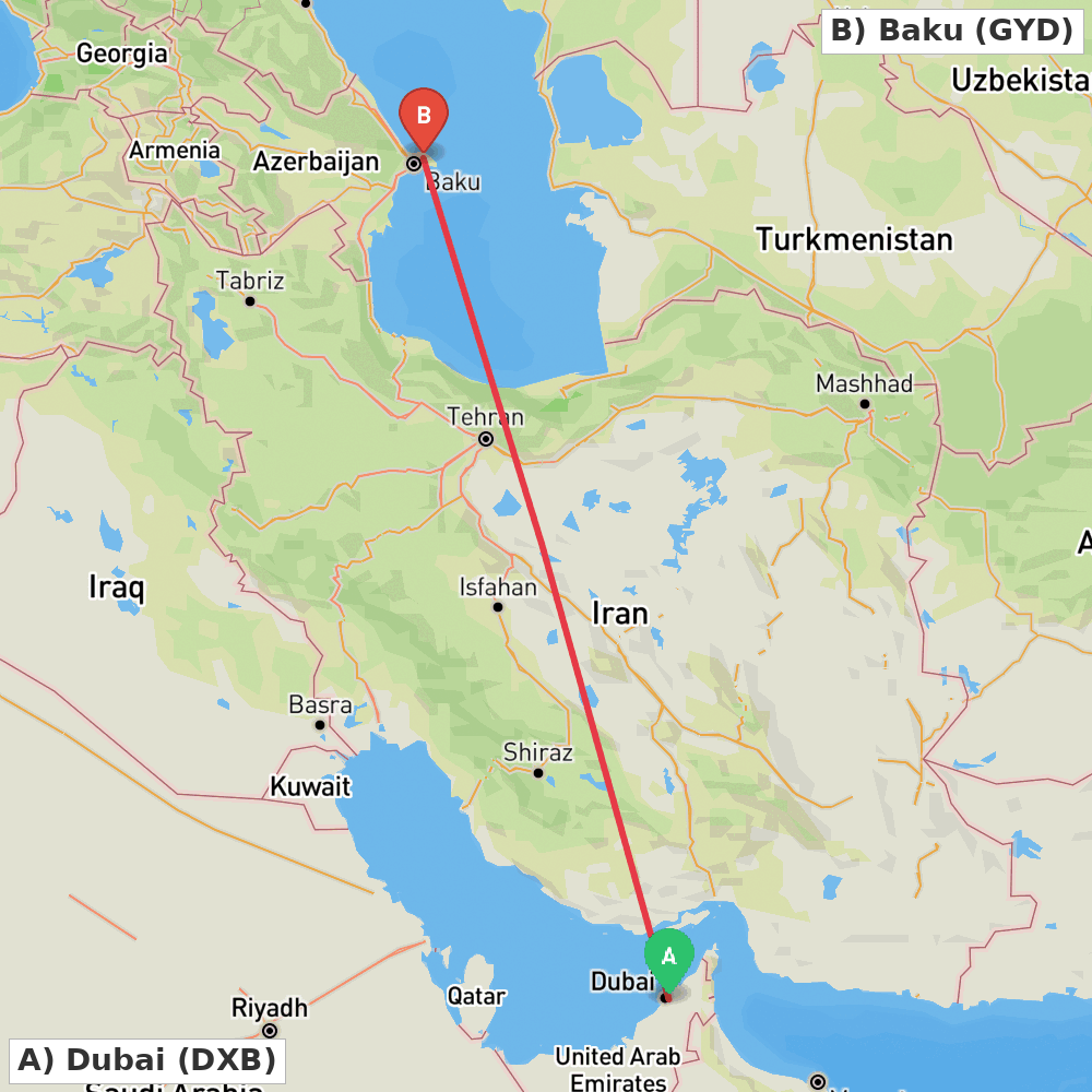 Flight route map from Dubai to Baku