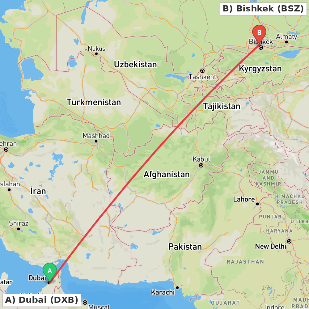 Flight route map from Dubai to Bishkek