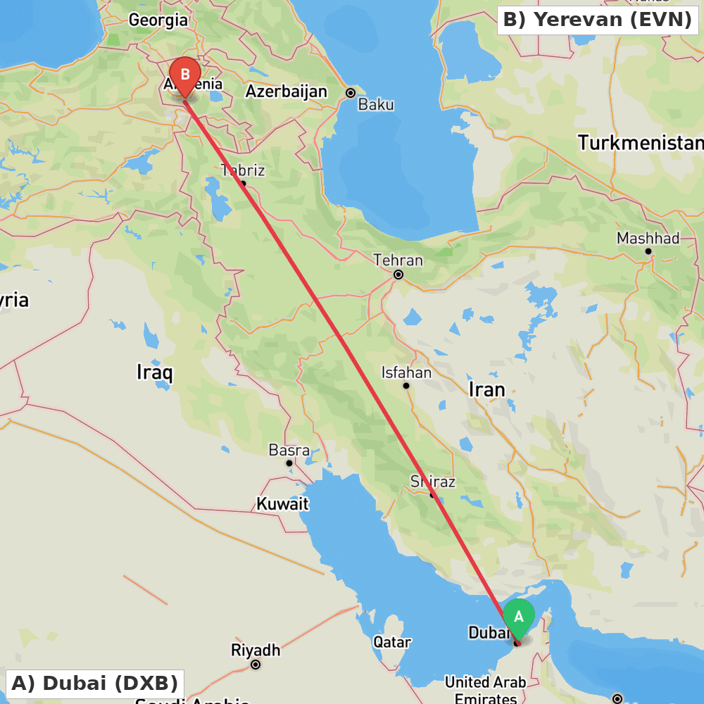 Flight route map from Dubai to Yerevan