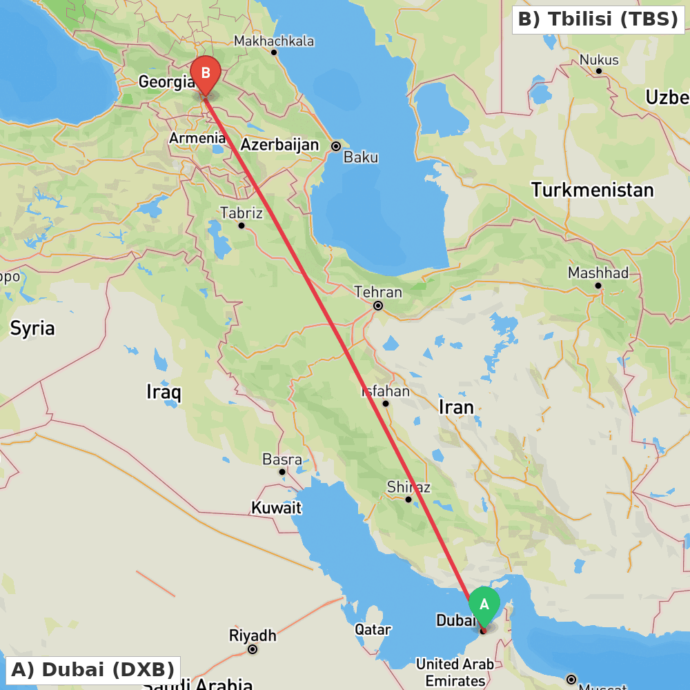 Flight route map from Dubai to Tbilisi