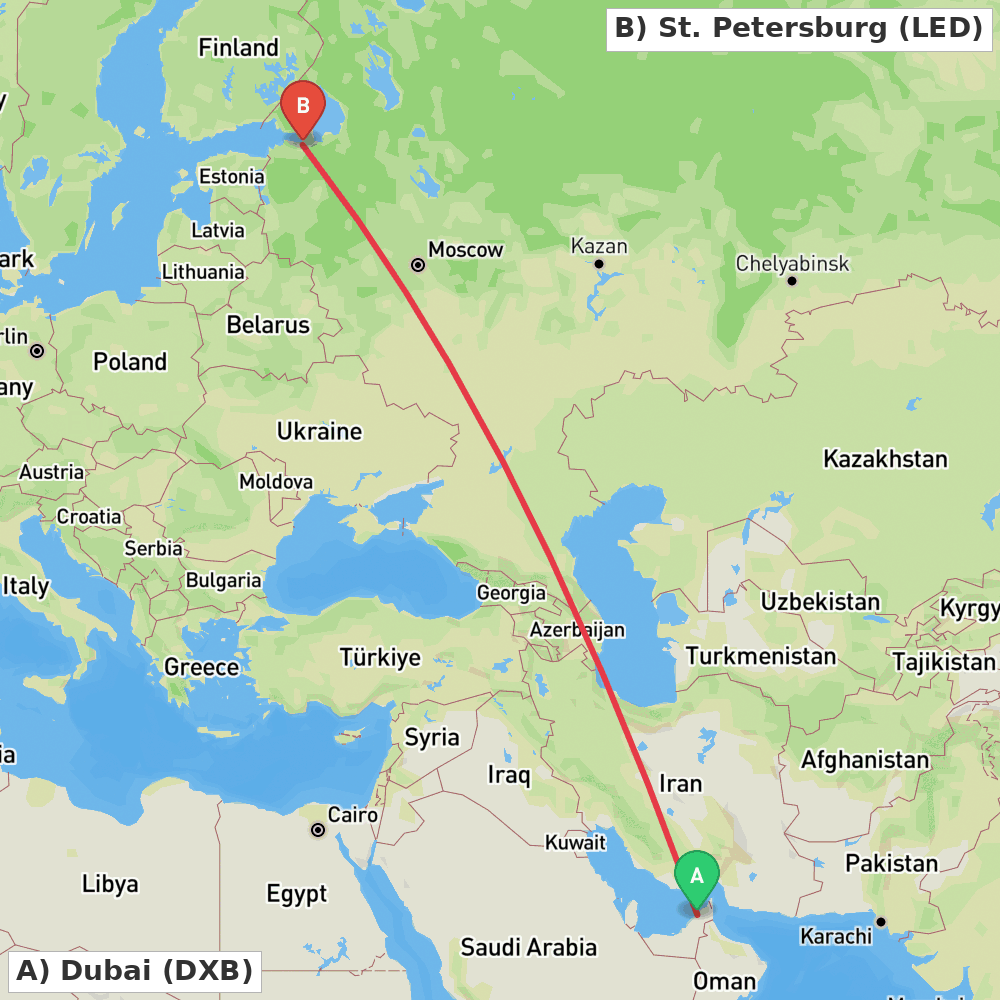 Flight route map from Dubai to St. Petersburg