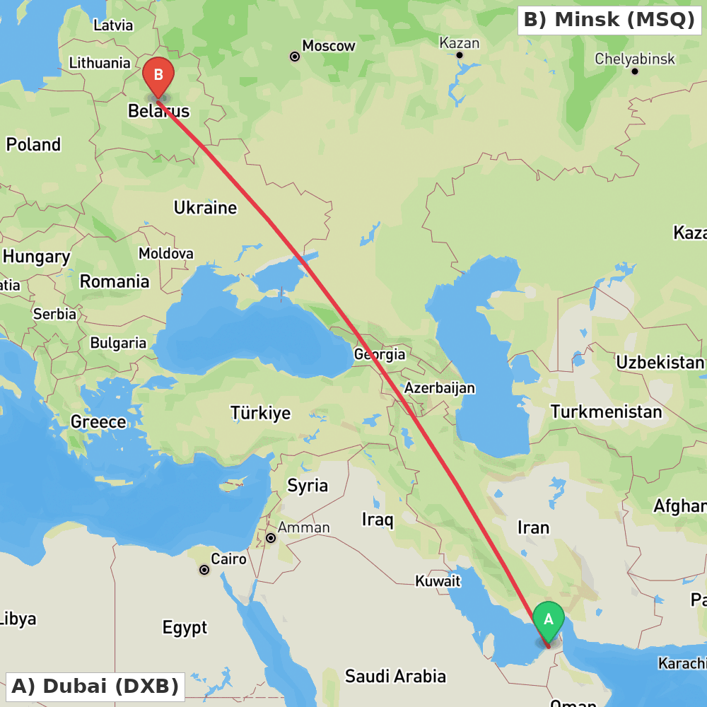 Flight route map from Dubai to Minsk