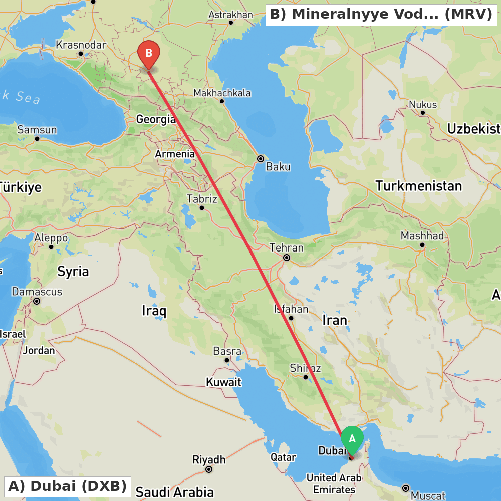 Flight route map from Dubai to Mineralnyye Vody