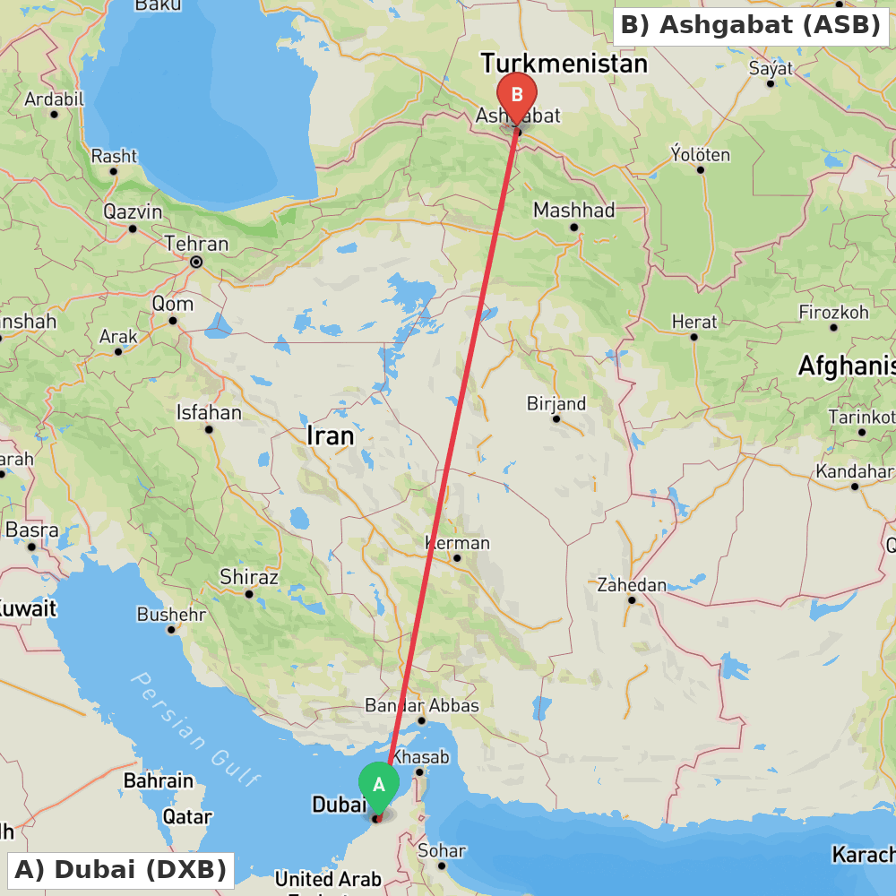 Flight route map from Dubai to Ashgabat