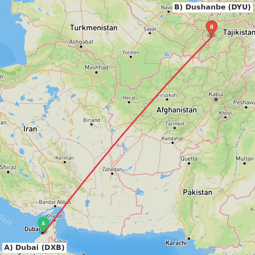Flight route map from Dubai to Dushanbe