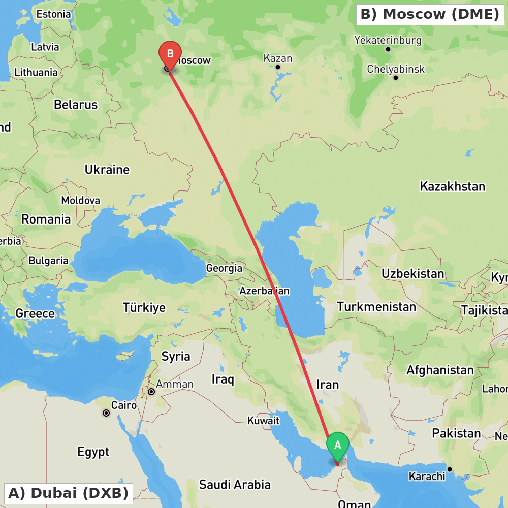 Flight route map from Dubai to Moscow