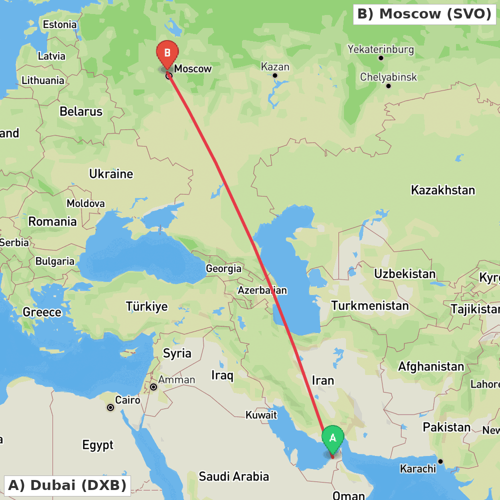 Flight route map from Dubai to Moscow