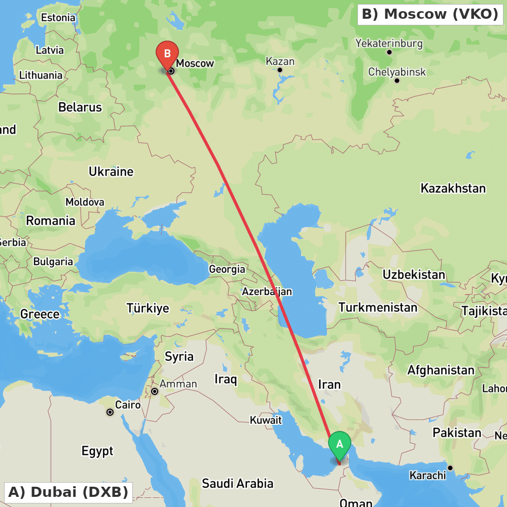 Flight route map from Dubai to Moscow