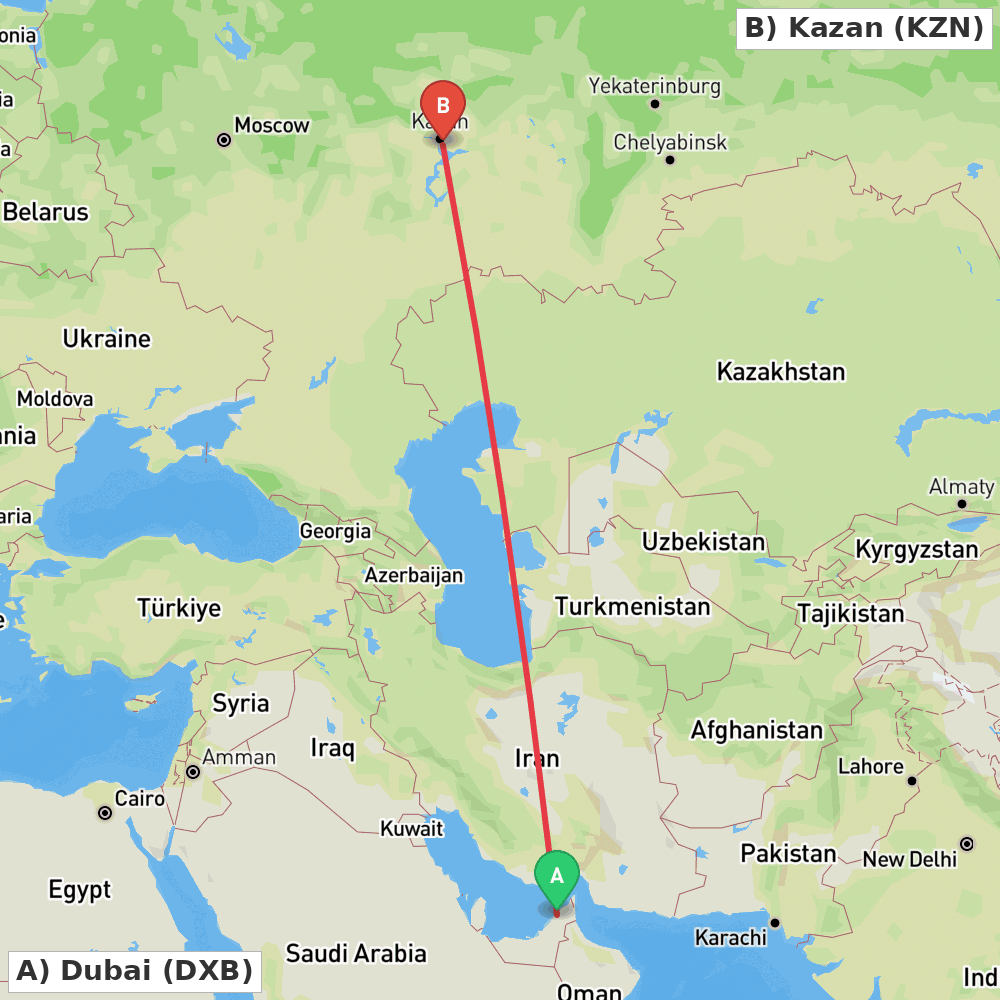 Flight route map from Dubai to Kazan