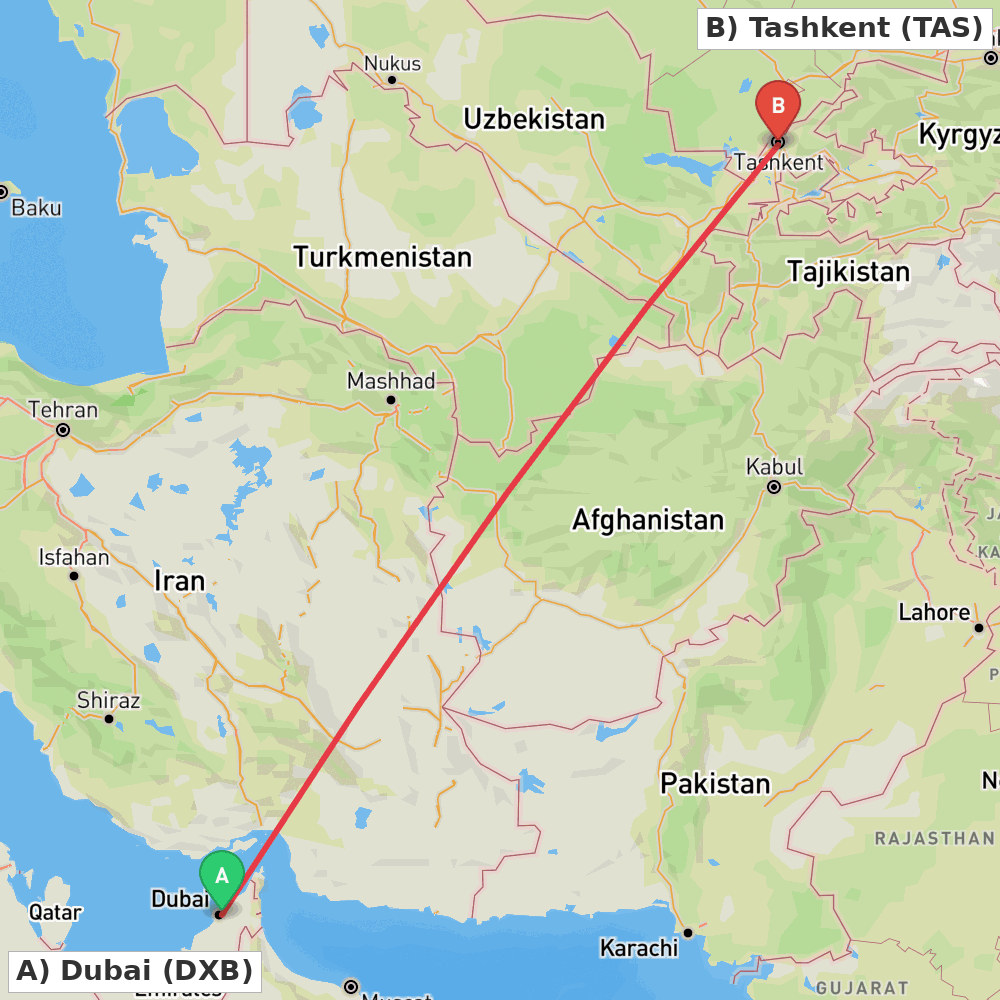 Flight route map from Dubai to Tashkent