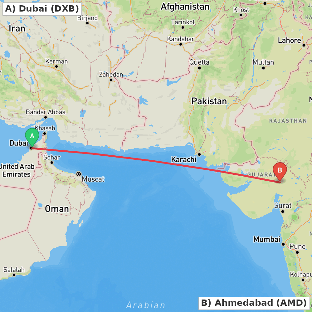 Flight route map from Dubai to Ahmedabad