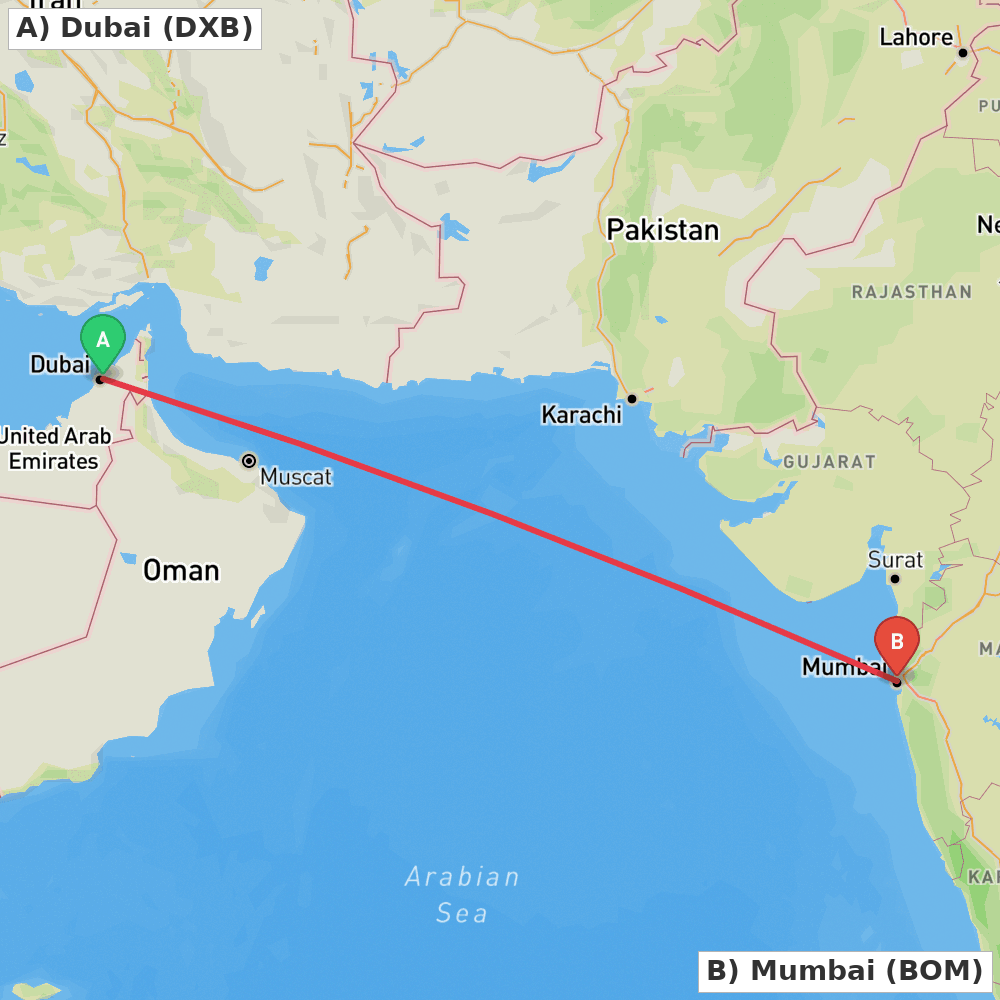 Flight route map from Dubai to Mumbai
