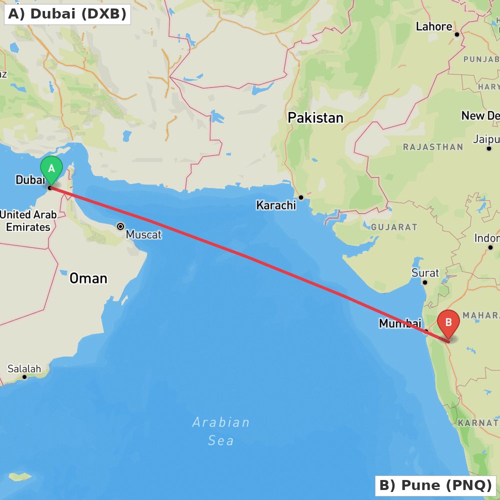 Flight route map from Dubai to Pune